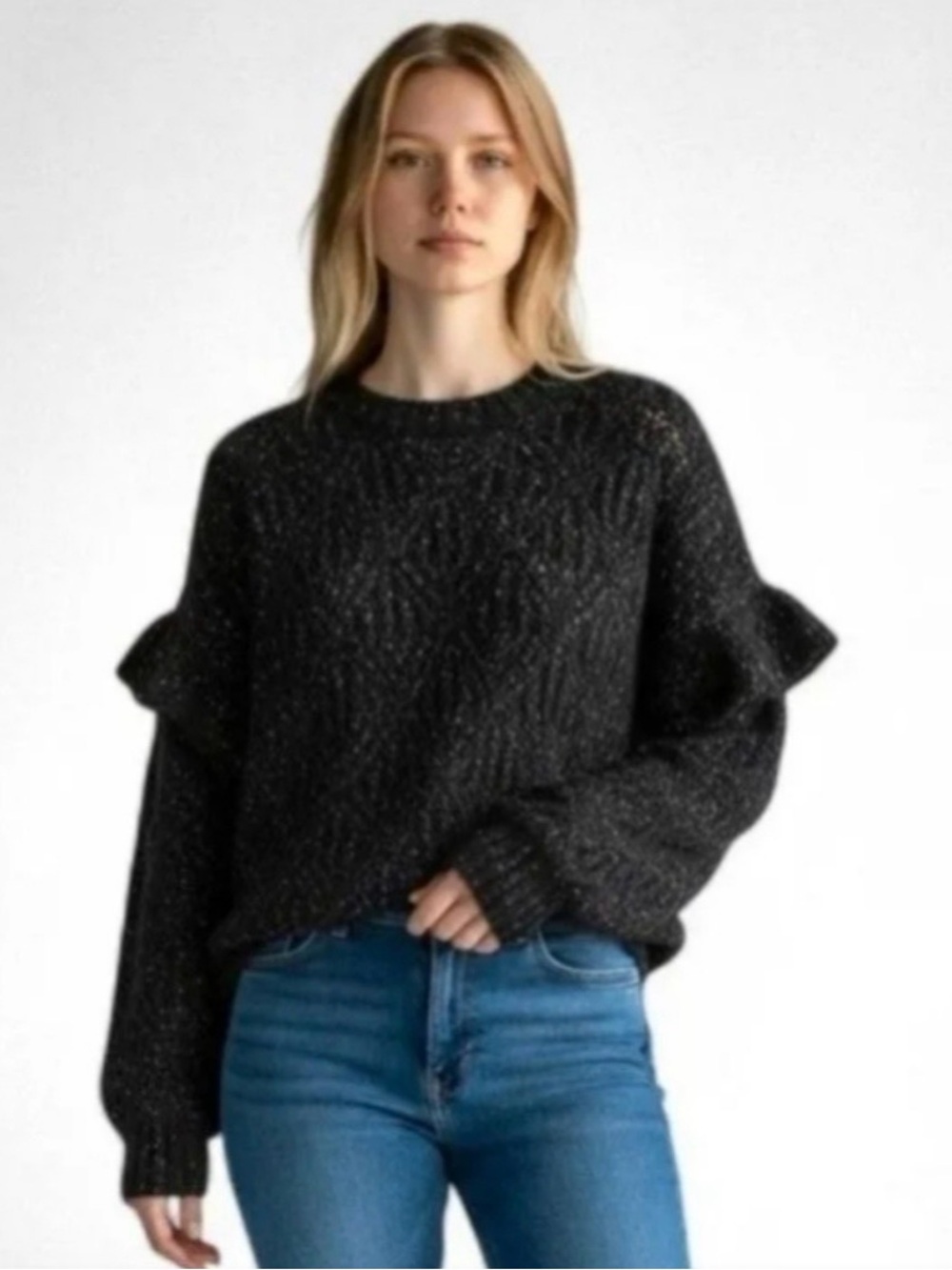 Old Navy Ruffle-Trim Sleeve Metallic Pointelle-Knit Sweater Small